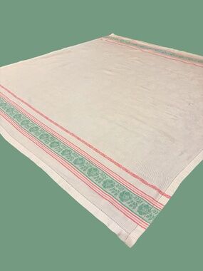 Vintage Tablecloth 51 x 47.5” Pink Green White Rose Floral Stripe Cottage Retro